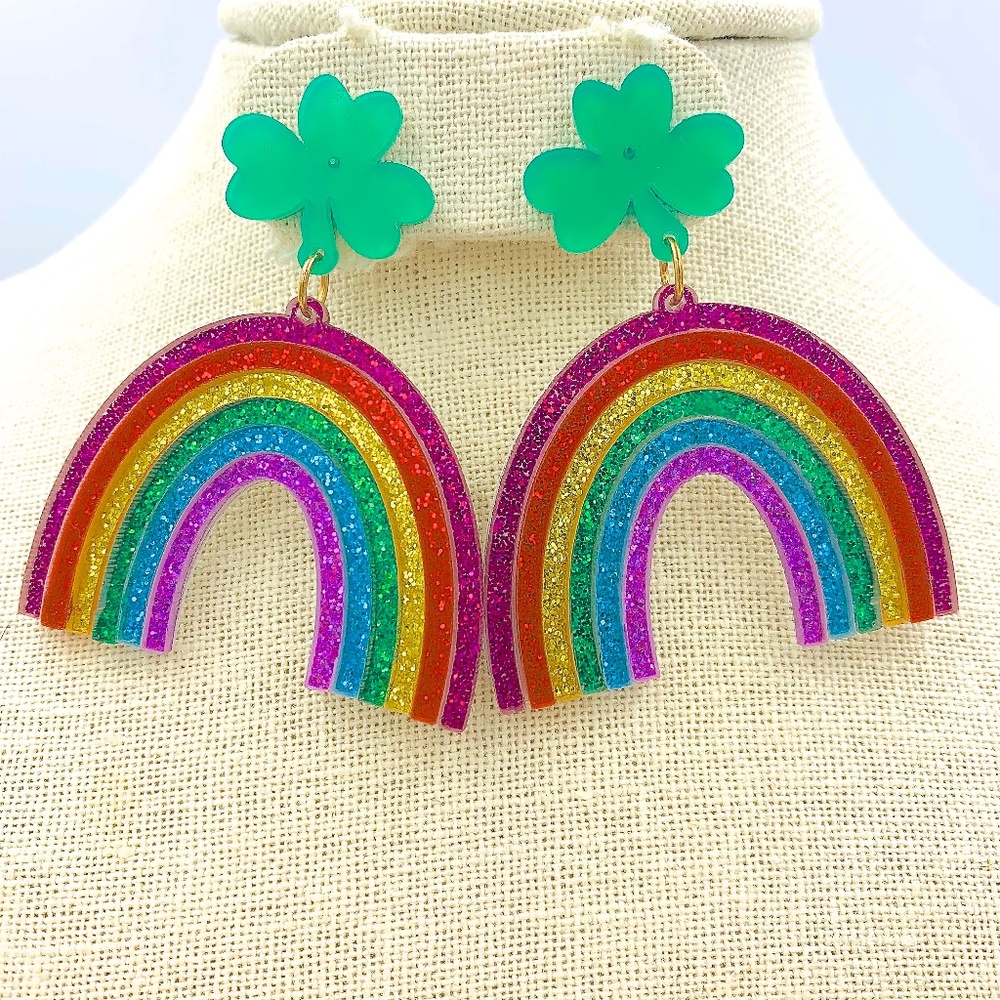 Saint Patrick's Day Themed Glitter Rainbow Clover Earrings - St. Patrick's Day